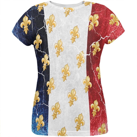 French Flag Grunge Distressed Fleur De Lis All Over Womens T Shirt Multi MD