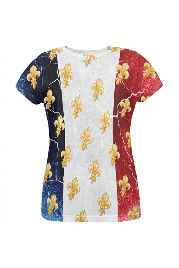 French Flag Grunge Distressed Fleur De Lis All Over Womens T Shirt Multi SM