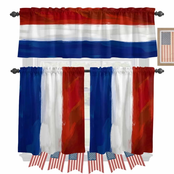 French Flag Kitchen Curtains Valances 3 Piece Set, French National Day Bastille Day Rod Pocket Tier Curtain and Valance Drapes for Small Window 36 Inch Length for Bedroom Cafe