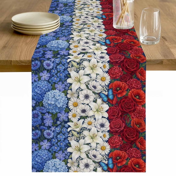 French Flag Spring Floral Table Runner - 48 Inch Long Blue White Red Flowers Stripes Cotton and Linen Blended Dress Scarves Farmhouse Table Runner for Kitchen Dining, Coffee Table, 13" x 48"