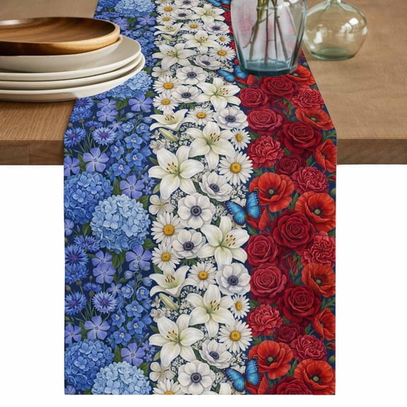 French Flag Spring Floral Table Runner, Blue White Red Flowers Stripes Washable Cotton Linen Table Runners 36 Inches Long, Dresser Scarf Runner for Nightstand/End Tables/Round Tables 13''x36''