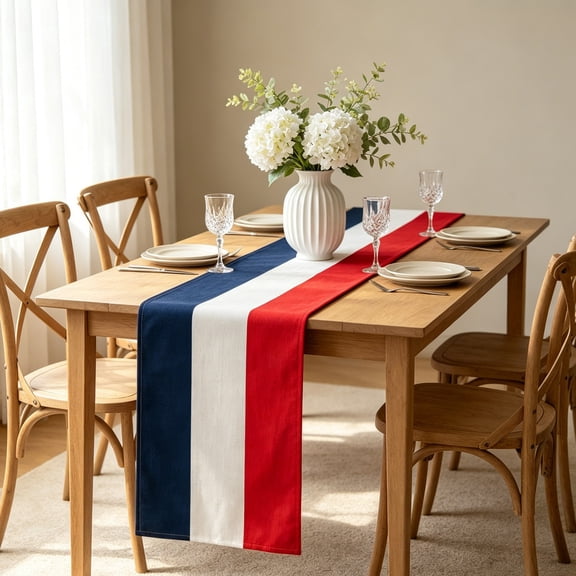 French Flag Table Runner, 72" x 13" Tricolor Blue White Red Striped Linen Table Cloth, Elegant France Theme Table Decor for Home, Kitchen, Restaurant, Party, and Farmhouse