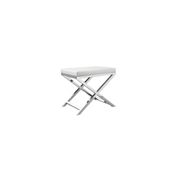 French Flair 18" Accent Stool with White Faux Leather Seat and Crossed Chrome Metal Legs 14.37" x 20.7" x 18.3"