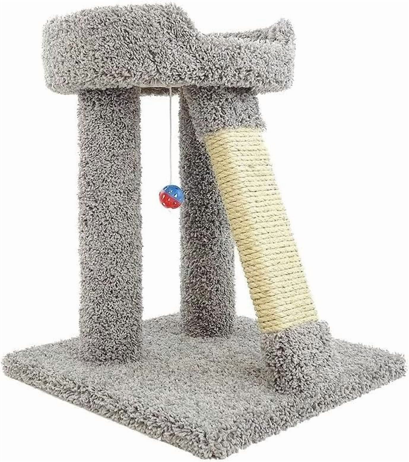 French Flair Elevated Cat Scratch Post with Cat Bed, Compact and Stylish Elevated Cat Bed with Plush Carpet and Sisal Scratching Post, Perfect for Sleep and Play Light Gray
