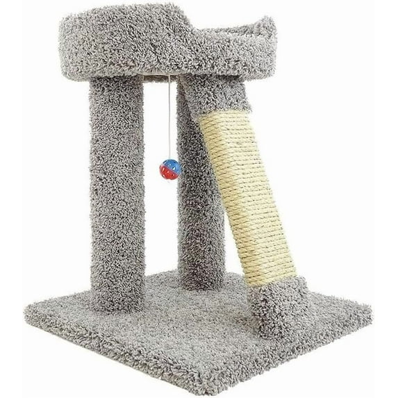 French Flair Elevated Cat Scratch Post with Cat Bed, Compact and Stylish Elevated Cat Bed with Plush Carpet and Sisal Scratching Post, Perfect for Sleep and Play Light Gray