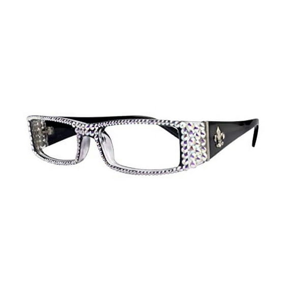 The French, Fleur De Lis, Rectangular Bling Women Reading Glasses Adorned w (Full Clear +AB) European Crystals +1 +1.50 +1.75 +2 +2.25 +2.50 +2.75 +3 Brown. NY Fifth Avenue. (+1.00)