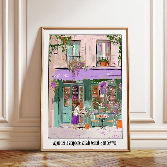 French Floral Bistro Art Paris Cafe Street Romantic European Wall Decor, Stretched Canvas 12x16in