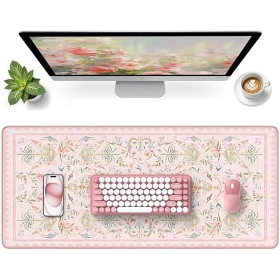 French Floral Desk Mat, Pink Desk Cover Mat, 35.4" x 15.7" Cute Long Mouse Pad, Aesthetic Flower Desktop Mat Accessories, Waterproof Teacher Desk Mat for Work, Study