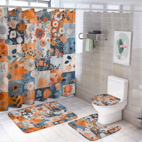 French Floral Patchwork Shower Curtain Sets with Rugs 4 Piece with Non-Slip Rugs Toilet Lid Cover And Bath Mat Bathroom Decor Set Spring Plant Flowers Waterproof Shower Curtain for Bathroom Decor Set