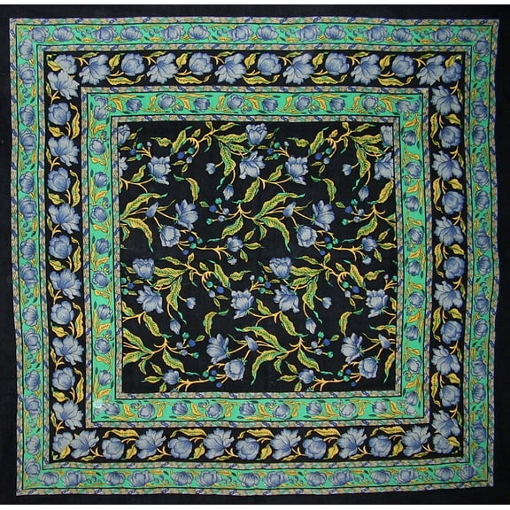 French Floral Square Cotton Tablecloth 60" x 60" Blue on Black