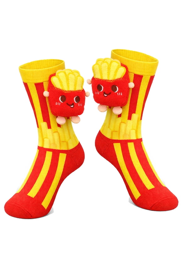 French Fries 3D Plush Novelty Crew Socks, Silly & Funny Cotton Food Themed Stocking Stuffers, Crazy Birthday Christmas Gifts for Men and Women, 1 Pair