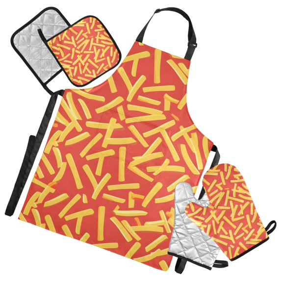 French Fries 5 Pcs Kitchen Set Heat Resistant Oven Mitts and Non-Slip Pot Holders with Adjustable Cooking Apron