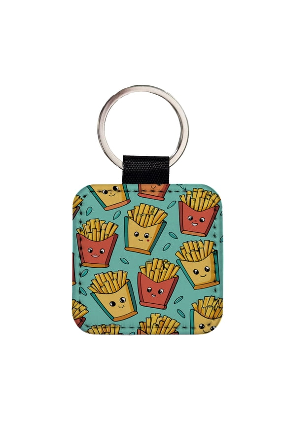 French Fries Cute Pattern Faux Leather Square Keychain