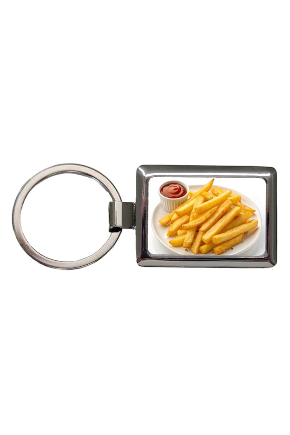 French Fries Ketchup Snack Metal Rectangle Keychain