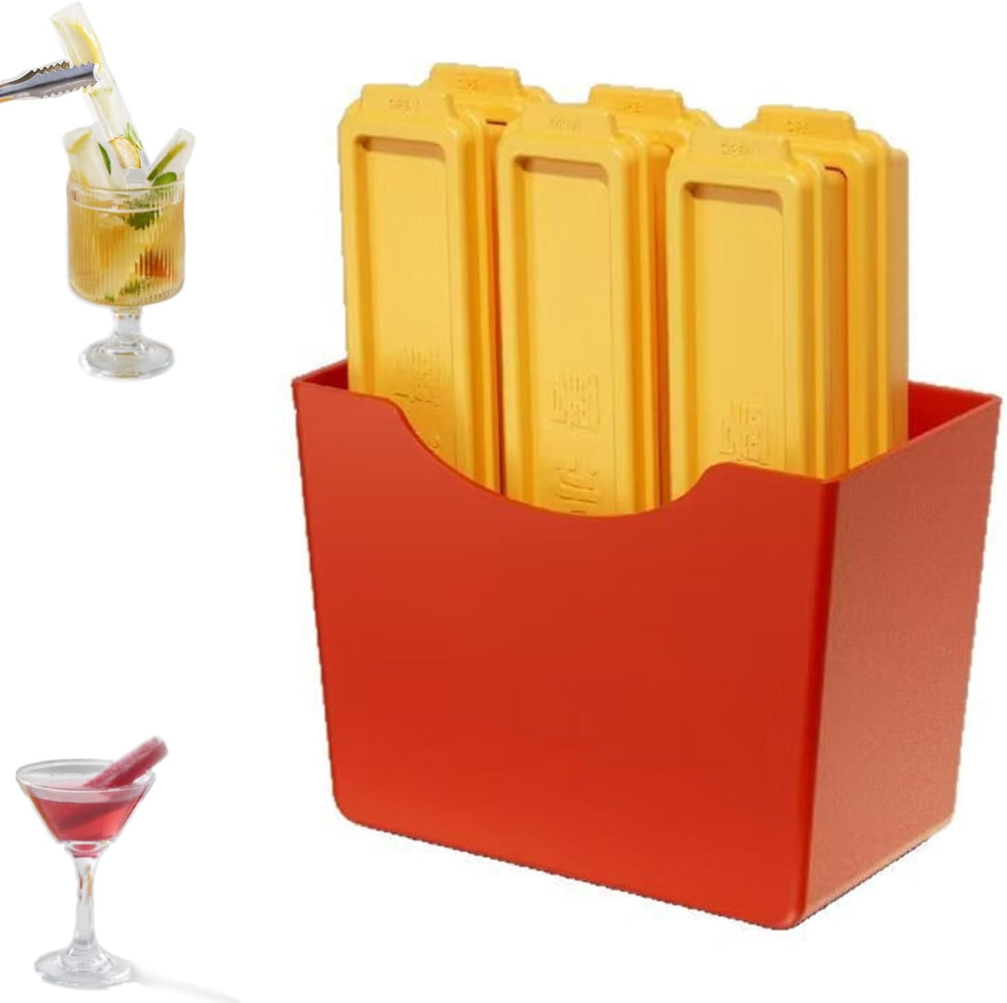 French Fries Shape Silicone Ice Cube Tray 6 Pcs Set, Funny Long Thin Strips Ice Molds for Summer Whiskey Juice Coffee Narrow Mouth Glass Cups Cool Block Mold