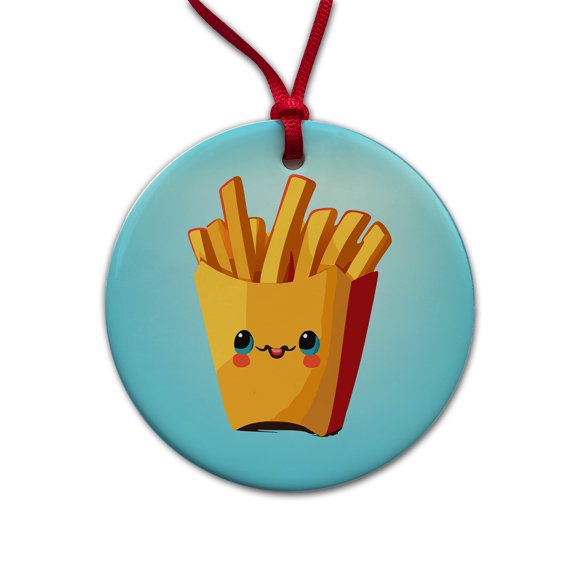 French Fries Smiling Christmas Tree Holiday Round Ceramic Ornament