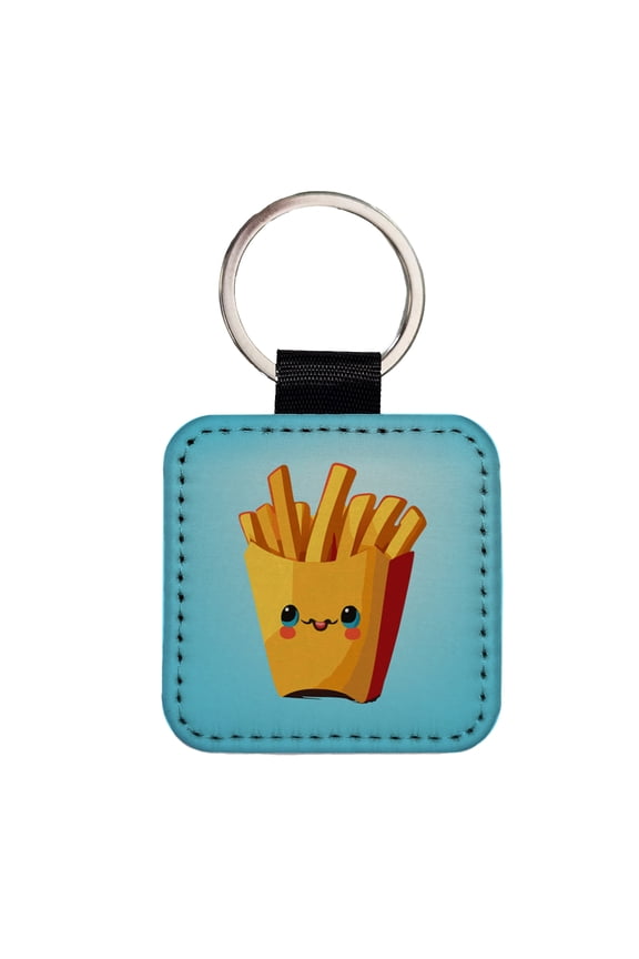 French Fries Smiling Faux Leather Square Keychain