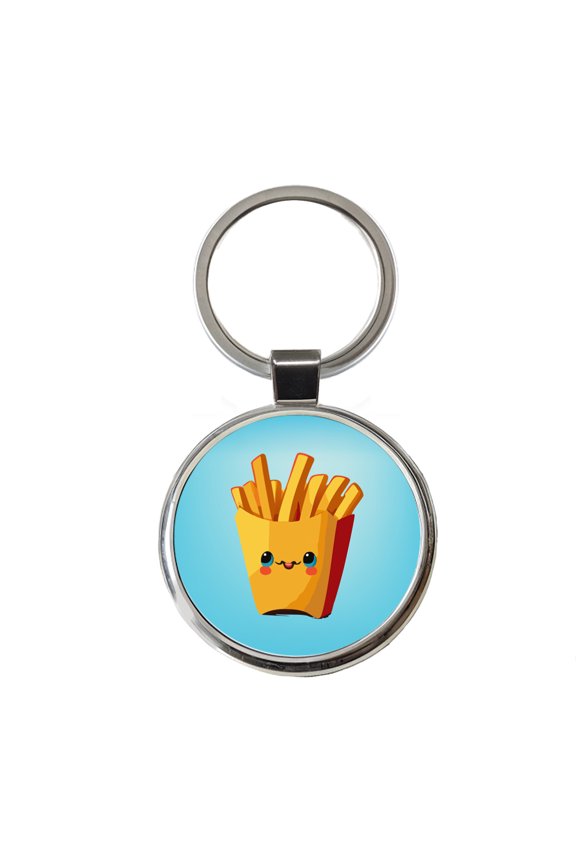 French Fries Smiling Metal Round Keychain