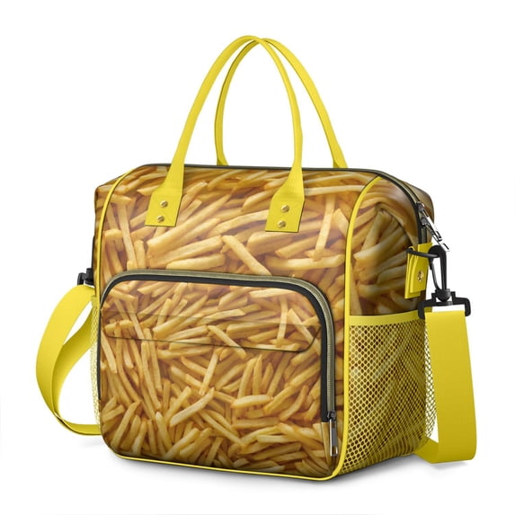 French Fries Snack Lover Lunch Bag – Large Insulated Lunch Box with Leakproof Dual Compartments Adjustable Strap & Multi-pocket Storage Cute Curly Cheese Fries Tote for Foodies Work or Picnic