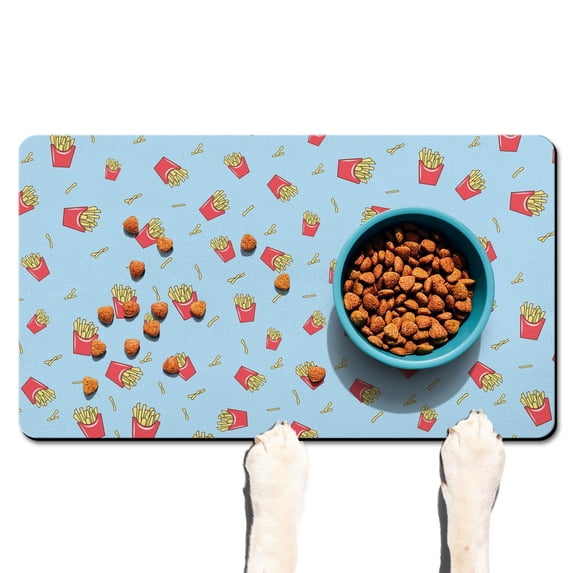 French Fries Themed Dog Feeding Mat - Absorbent Non-Slip Pet Food Mat for Messy Eaters - Cute Crispy Fries Design with 4-Layer Protection - Easy Clean Waterproof Placemat for Dogs 12"X19"