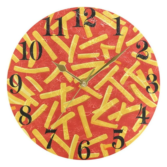 French Fries Wall Clock 9.8 inch Battery Operated Clocks Non-Ticking Silent for Bedroom Office Kitchen Living Room(Gold)