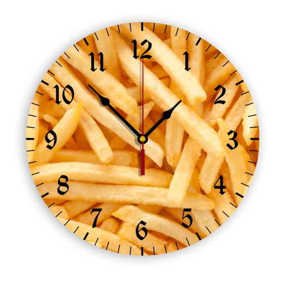 French Fries Wall Clock, Battery Operated, PVC Round Silent Non-Ticking Clock with Clear Numbers for Living Room, Kitchen, Bedroom, Office, School Decor 10inch-25cm