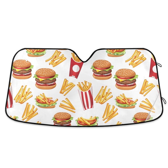 French Fries and Hamburger Car Windshield Sun Shade Foldable Car Front Window Visor Heat and UV Protection 53x23.5