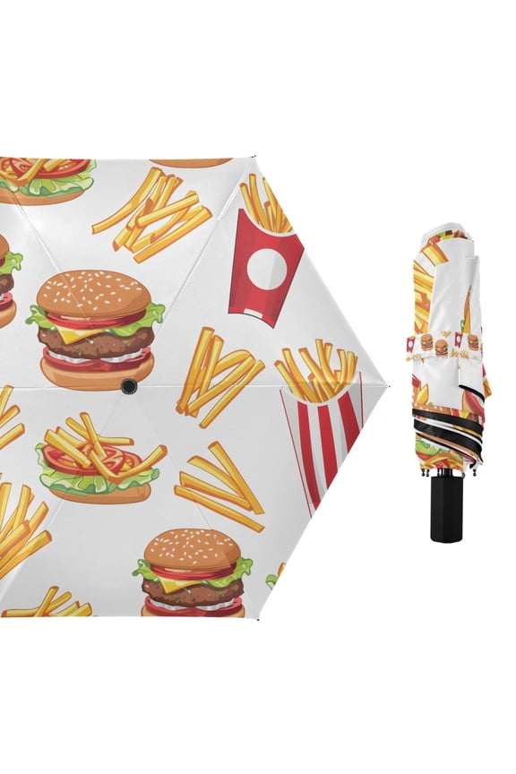 French Fries and Hamburger Compact Sun Umbrella Windproof Travel Umbrellas for Rain Strong Portable UV Protection