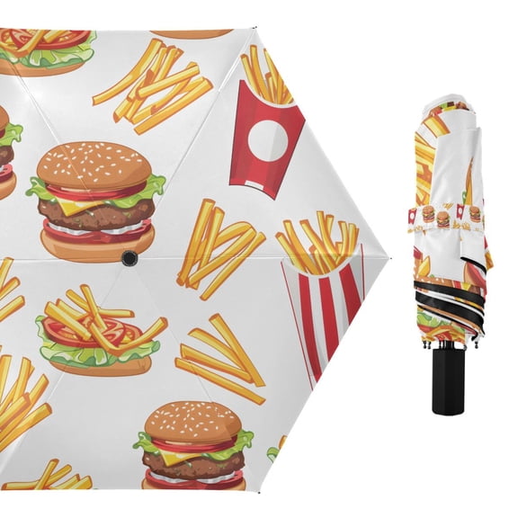 French Fries and Hamburger Compact Sun Umbrella Windproof Travel Umbrellas for Rain Strong Portable UV Protection