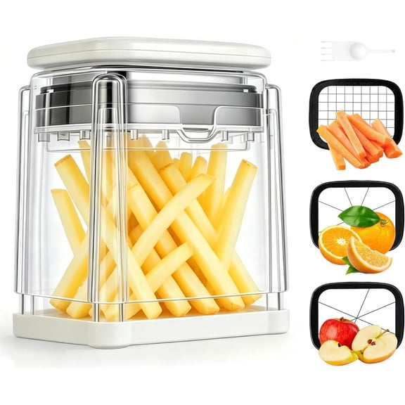 French Fry Cutter with 3 Interchangeable Blades, Potato Cutter | 3-in-1 Fry Slicer for French Fries, Potato Wedges, Apple Wedges & Veggie Sticks, Ultra-Sharp Blades, Gray