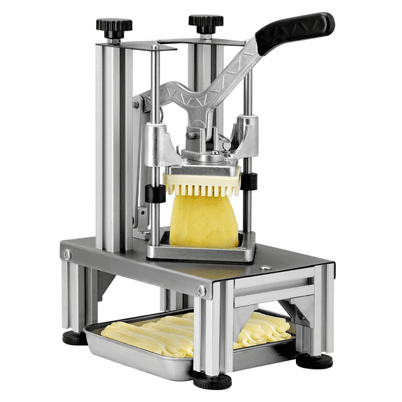 French Fry Cutter Commercial, 4 Blades Vegetable Chopper - 1/4" & 3/8" Fry Blades, 6-Wedge Slicer, Apple Corer - Potato Cutter with Tray