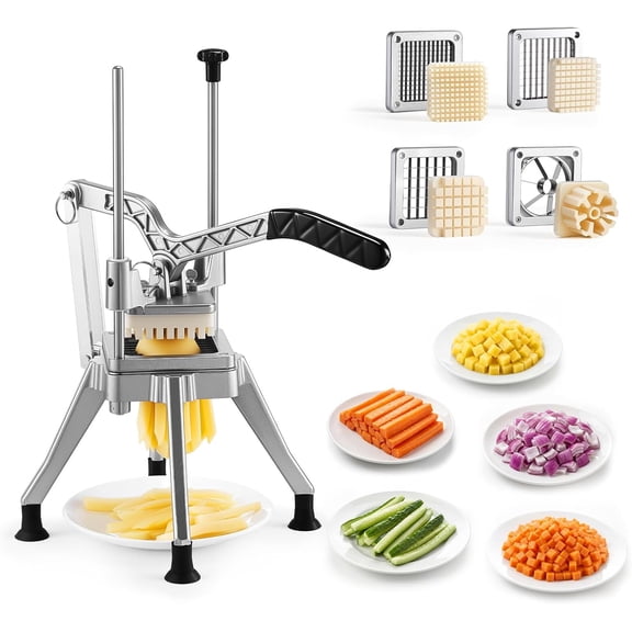 French Fry Cutter, Commercial Vegetable Chopper with 4 Replacement Blades, 1/2", 3/8", 1/4" Blade Easy Dicer Chopper and 6-wedge Apple Corer, 420J2 Stainless Steel, for Restaurant Kitchen