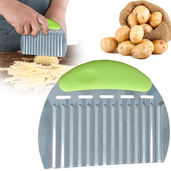 French Fry Cutter, Crinkle Cutter, Wavy Vegetable Slicer, Potato Cutter Tool, Stainless Steel Crinkle Chopper for Fruits and Vegetables, Easy Grip Handle, Green, 1 Pack