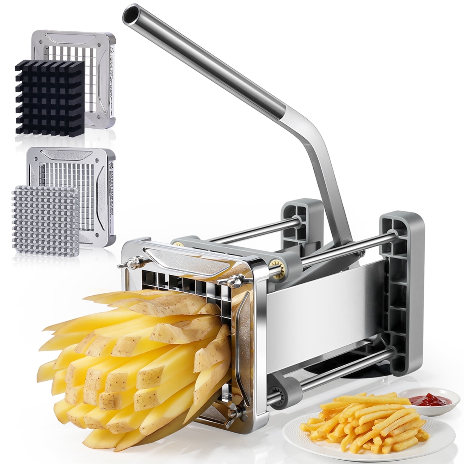 Sopito French Fry Cutter, Stainless Steel Professional Potato Cutter with 2 Blades 1/2inch and 1/4inch