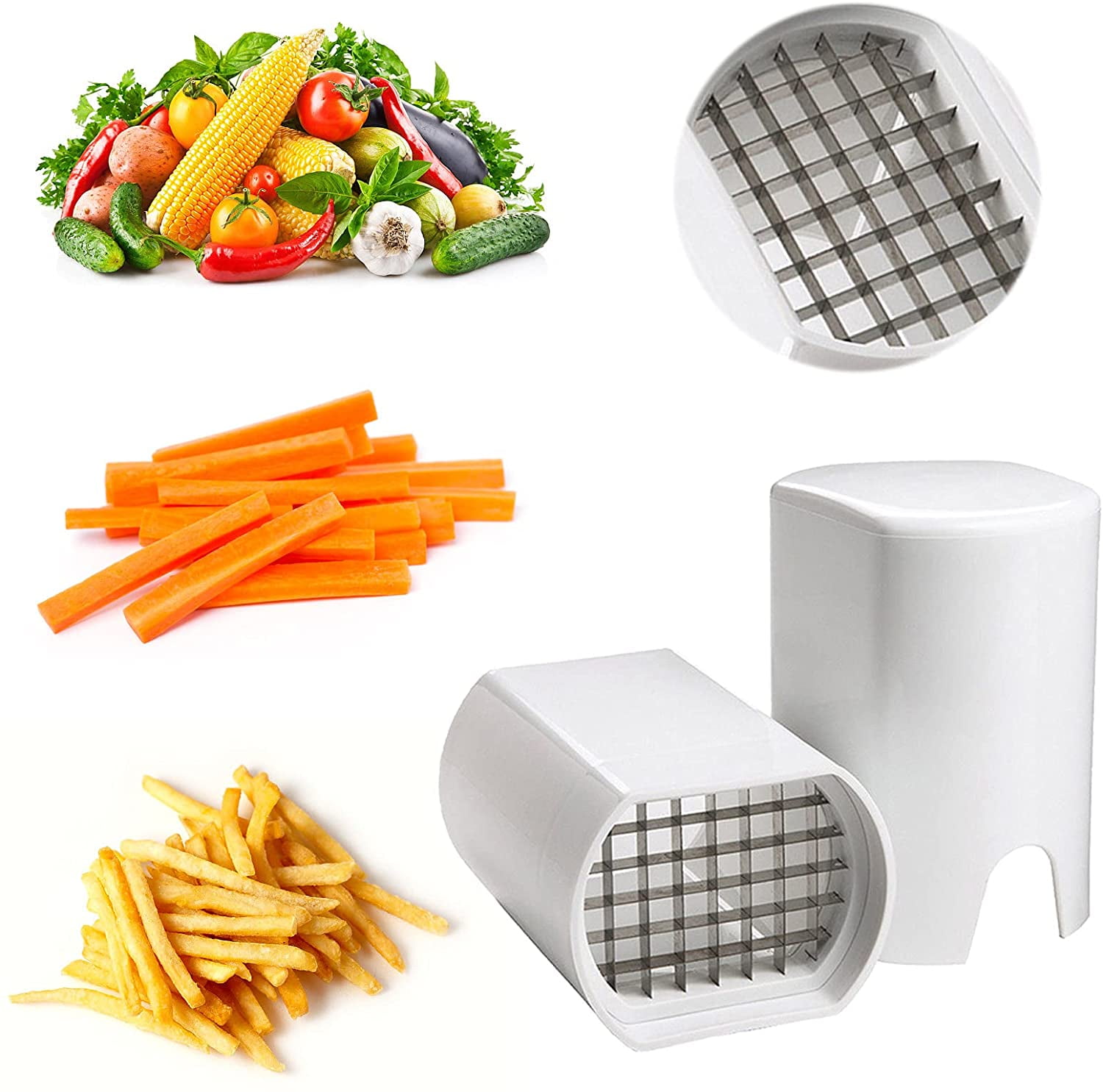  Kitchen Buddy - Easy French Fry Cutter - Stainless Steel  Vegetable & Potato Slicer - 2 Blade Inserts - Extra Peeler - For Natural  Fries At Home - Cut Thick or