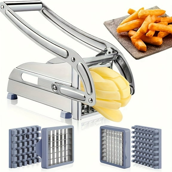 French Fry Cutter Stainless Steel Vegetable Dicer Potato Slicer French Fries Grater Potato Chipper Chip Cutter with 2 Replacement Blades and Non-Slip Feet for Commercial Family Easy Slicer