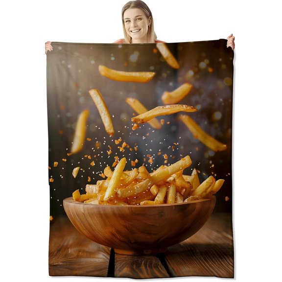 French Fry Flannel Blanket for Kids and Adults, Crispy Potato Throw Blankets, Fried Food Decor Lightweight Warm Soft for Sofa Couch Bed Office Decor Gifts, Single-Sided Printing, 60x80 Inches