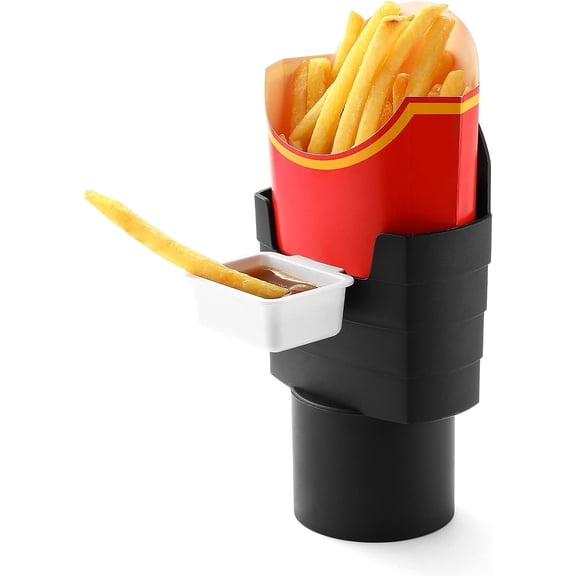 Black French Fry and Sauce Holder Set for Car - Fits Standard Cup Holders, Hands-Free Snacking Tray for Food, Phone & Sunglasses