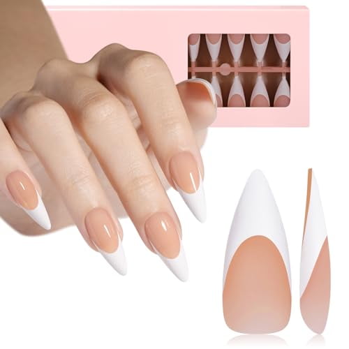 French Gel Nail Tips, 180 Pcs French Tip Press On Nails Long Almond Brown, Pre-Applied Primer & Base Coat, No Need File, Long Almond Nails Tips, Fake Nails for Nail Art DIY 15 Sizes