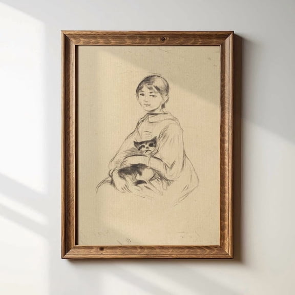 French Girl with Cat Sketch Print, Antique Style Etching Home Decor Size 24x36 Unframed Poster