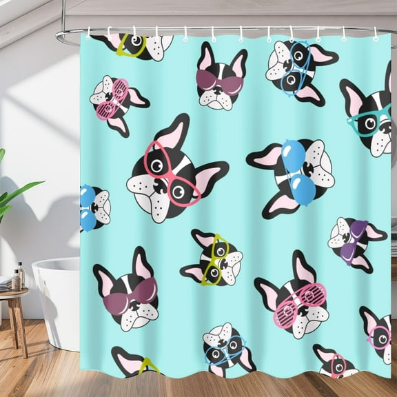 French Glasses Dog Shower Curtain Fabric Shower Curtain Set with 12 Hooks Waterproof 72 * 72 Inches for Bathroom Beach Caravan Hotel