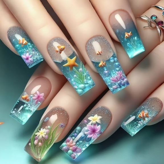 French Glossy Square Fake Nails Blue Clownfish Oceans Theme 24PCS Multi Size ABS Materials For Elegant Occasions