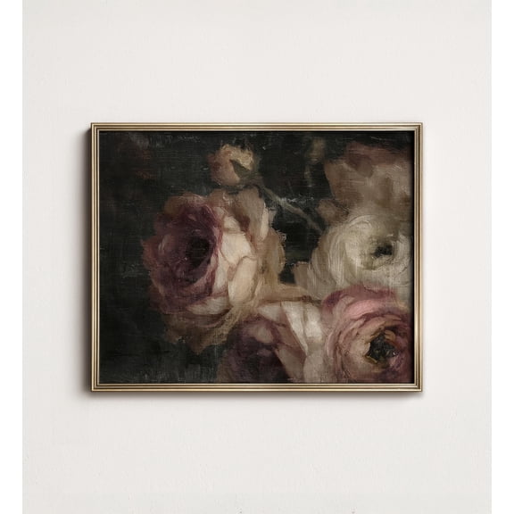 French Gothic Ruins Sketch Saint-Georges de Bocherville Art Dark Floral Roses Vintage Moody Botanical Still Life Art, UNFRAMED Size 30x30