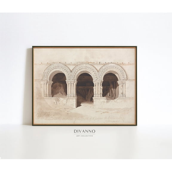 French Gothic Ruins Sketch Saint-Georges de Bocherville Art, UNFRAMED Size 16x16