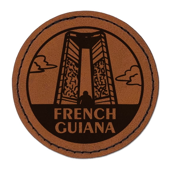 French Guiana Cayenne Felix Eboue Country Destination Travel Landmark Round Iron-On Engraved Faux Leather Patch Applique - 2.5 Inch - Brown