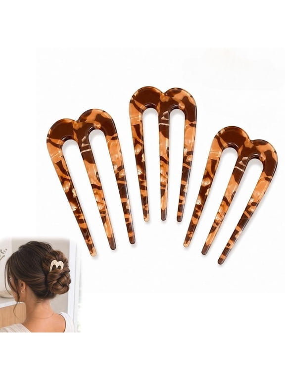 French Hair Pin 3 Prong, Acetate U Shaped Twist Comb for Thick Hair Elegant Style Holder Chignon Clip Vintage Hairstyle Accessory Updo Chignon Bun Holder for Women Daily Use
