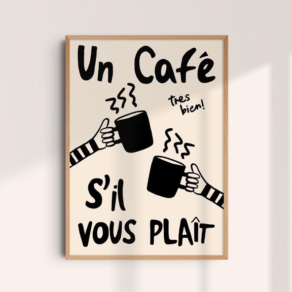 French Hand Drawn Coffee Poster, Cream Background, Cafe, Gallery Wall And Home Decor