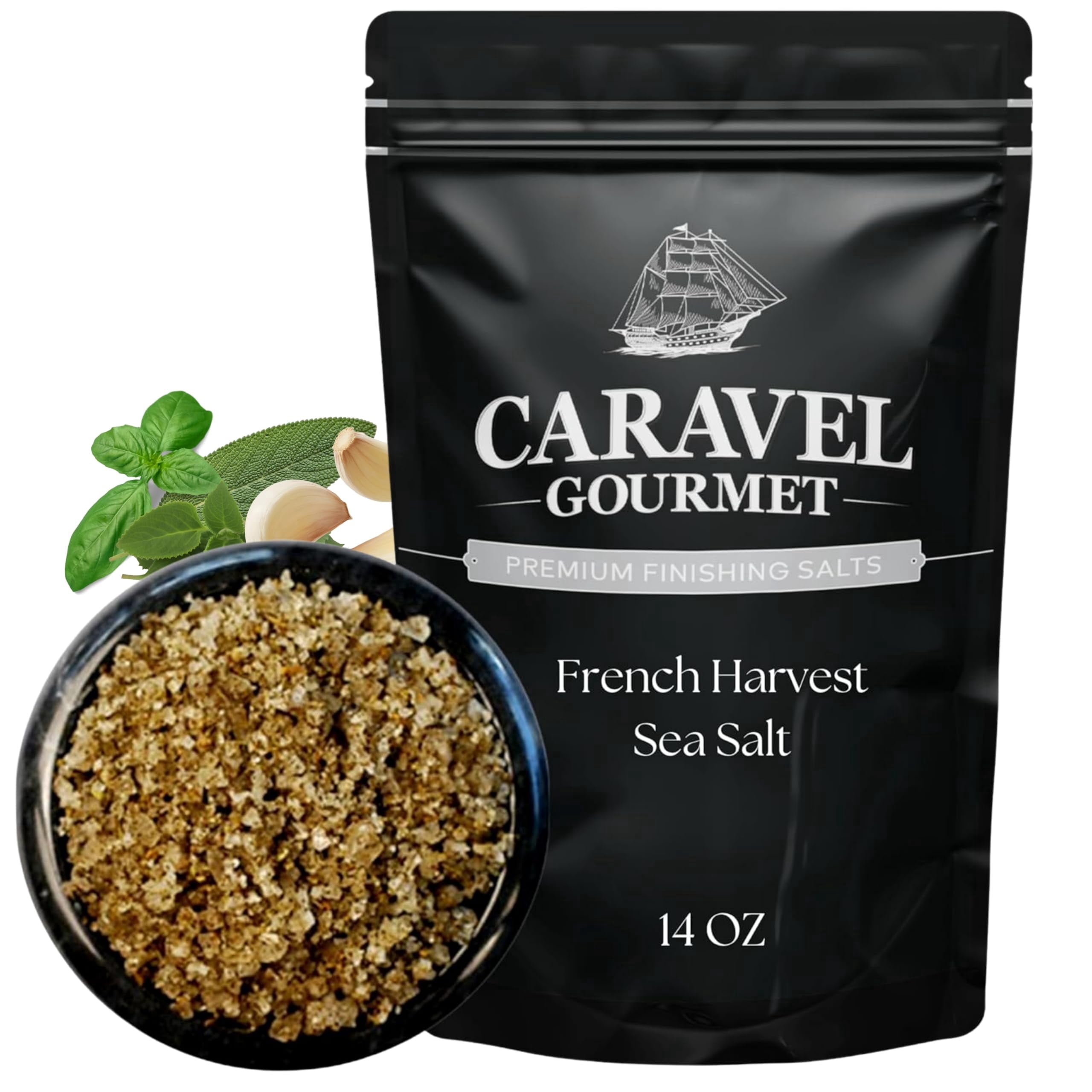 Caravel Gourmet French Harvest Sea Salt, Salt infused with Rosemary, Thyme, Oregano, Basil, Marjoram, and Sage, 14 Oz Refill Pouch