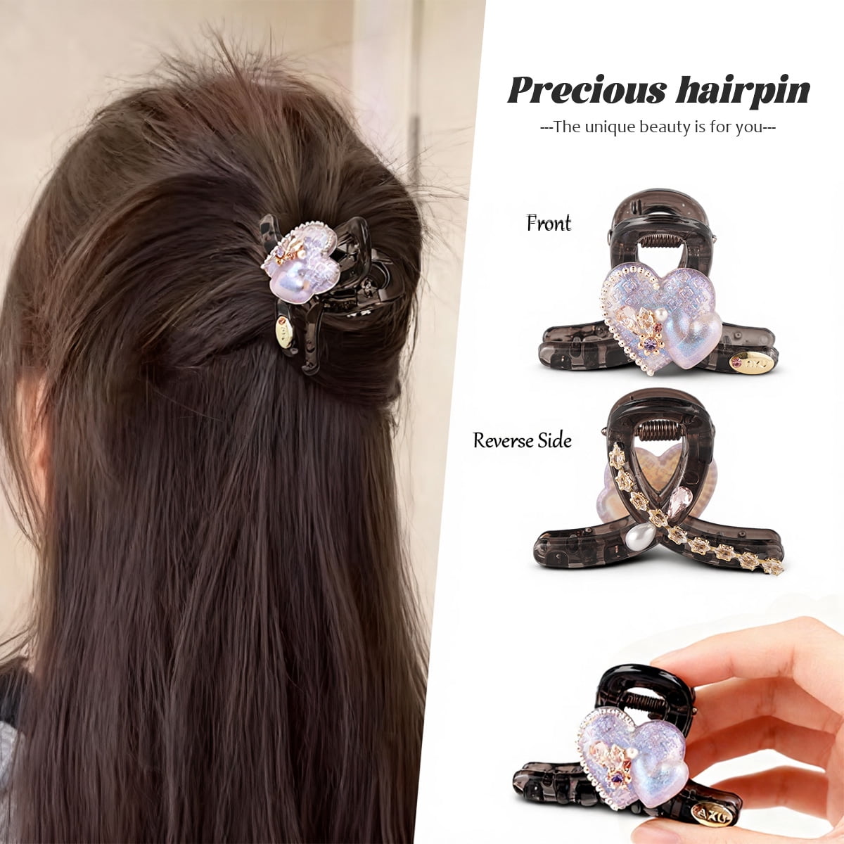 French Heart Hair Claw Clip, Sparkling Crystal Accessory, Luxury Trendy, Strong Hold Non Slip, Daily Wedding Party Gifts For Women