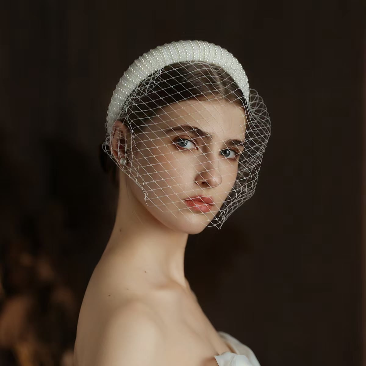 Vintage White Mesh Bridal Veil Double layer full birdcage veil - Style # 213 main image 2
